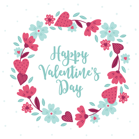 Valentine wreath with leaves, flowers and hearts. Perfect for wedding invitation and holiday greeting cardsのイラスト素材