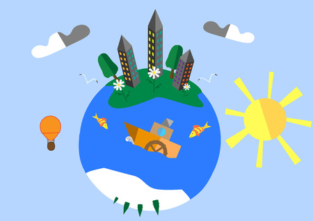 Green planet with a ship