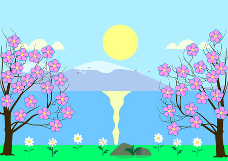 Flowering cherry on the river bank.のイラスト素材
