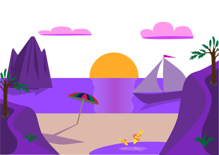 Purple sunset on the sea with a sailboatのイラスト素材
