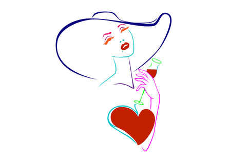 Woman with a glass of wine on a white backgroundのイラスト素材