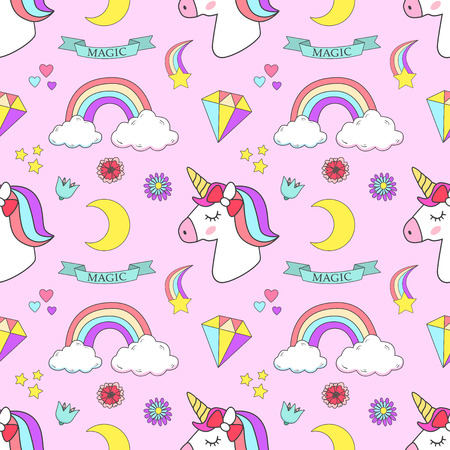 Unicorn set magic design on pink background illustration.のイラスト素材