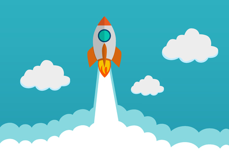 Cartoon spaceship rocket flying over clouds. Vector illustrationのイラスト素材