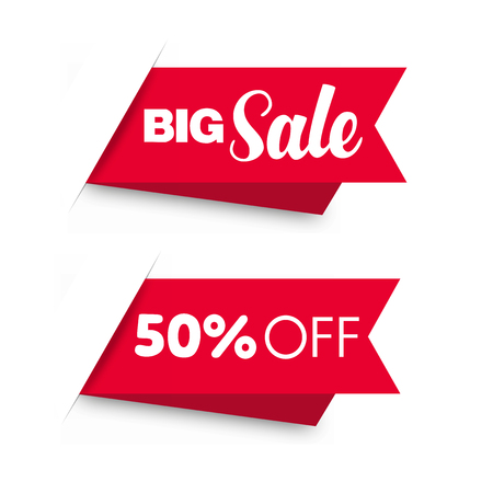 Sale red price tags set. Original special offer with soft shadow on white backgroundのイラスト素材