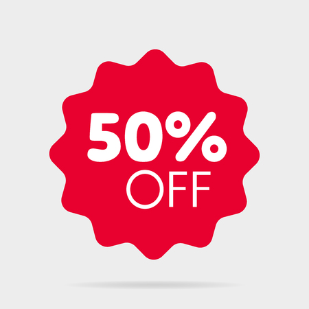 Special offer sale price red isolated vector illustration. Discount label, symbol for advertising campaign in retail, sale promo marketing, fifty percent off discount sticker, ad offer on shopping dayのイラスト素材