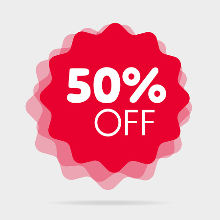 Special offer sale price red isolated vector illustration. Discount label, symbol for advertising campaign in retail, sale promo marketing, fifty percent off discount sticker, ad offer on shopping day.のイラスト素材