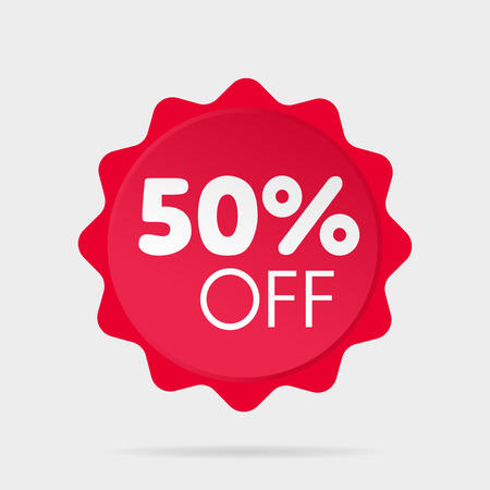 Special offer sale price red isolated vector illustration. Discount label, symbol for advertising campaign in retail, sale promo marketing, fifty percent off discount sticker, ad offer on shopping day.のイラスト素材