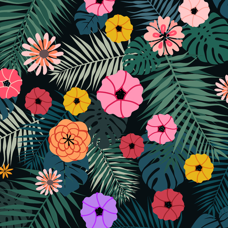 Tropical vector illustration with bright flowersのイラスト素材