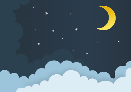 Clouds with moon and stars in midnight. Paper art styleのイラスト素材