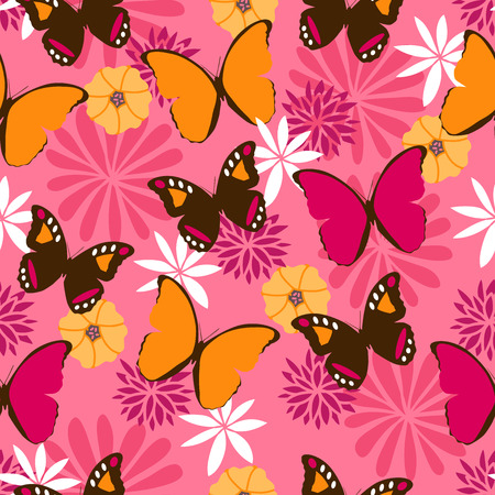 Jungle seamless pattern with butterflies on pink backgroundのイラスト素材