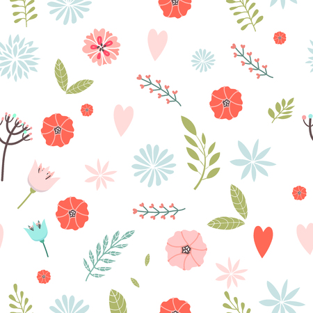Vector floral pattern in doodle style with flowers and leaves on white background. Gentle, spring floral background.の写真素材