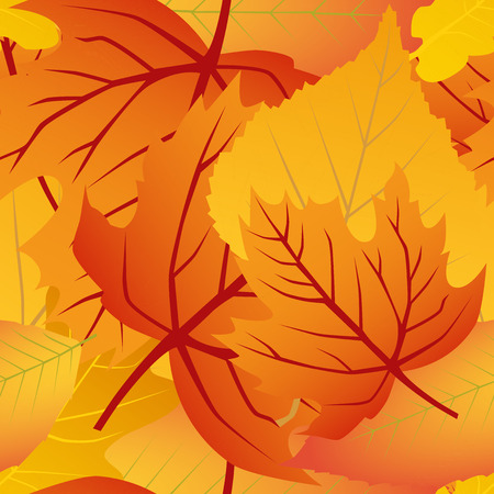 Seamless Autumn pattern Vector floral watercolor style design: orange, yellow, brown red fall forest rowan, birch, oak tree leaves and herbs. Wallpaper, background beautiful, cute, trendy bright printのイラスト素材