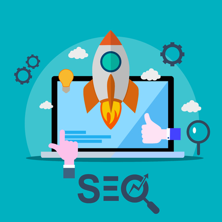 SEO icon for web-site of mobile application. Rocket start up from laptop.の写真素材