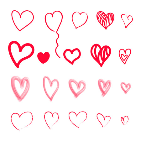 Big set of hand drawn grungy red hearts. Collection of handmade heart shapes. Symbol of love. Valentine's Day card. Vector hearts.のイラスト素材