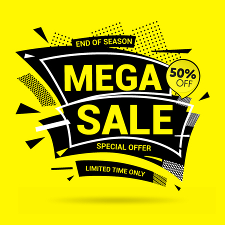 Sale banner template design, mega sale special offer. Vector illustration with soft shadow on a yellow backgroundのイラスト素材