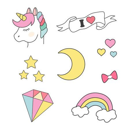 Stickers set with unicorn, rainbow, star, cloud, magic wand for girls. Cool decoration interior elements isolated on white. Vector comic cartoon 80s-90s style. Cute fashion patch badges, pinsのイラスト素材