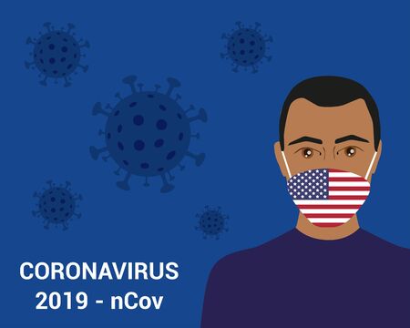 Coronavirus in USA. Novel coronavirus 2019-nCoV, man in white medical face maskのイラスト素材