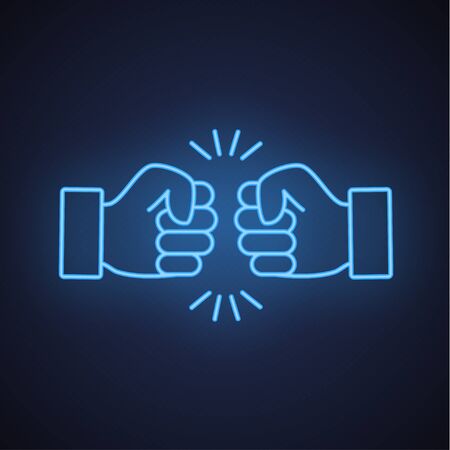 Bro fist bump or power five pound line art vector icon for apps and websites neon blue line iconのイラスト素材