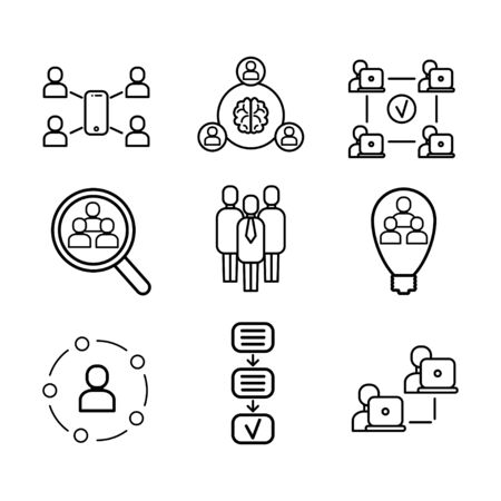 Team work black and white line icon set. Business people line iconsのイラスト素材