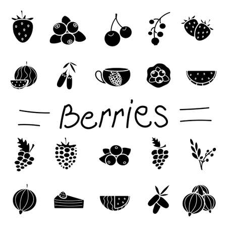 Berries black icon set isolated on gray background with soft shadowのイラスト素材