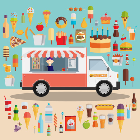Flat design style modern vector illustration icons set of wagon full of tasty summer food, meals, drinks and fruits. Isolated on stylish color backgroundのイラスト素材