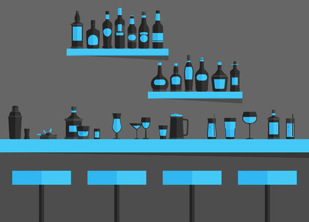 Bar counter with stools and alcohol drink on shelves flat vector illustrationのイラスト素材