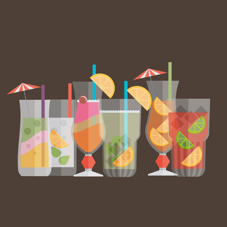Cocktail drink fruit juice in flat design style. Retro style holiday cocktails. Set of alcoholic cocktailsのイラスト素材