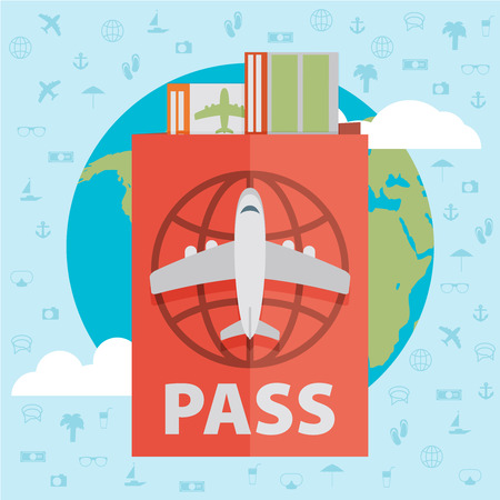Vector modern flat design web icon on airline tickets and travel with jet airliner flying, passport, boarding pass ticket and globe with clouds | Airfare booking square printableのイラスト素材