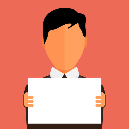 Businessman holding blank banner. Flat design with full head of character in clipping mask layer.のイラスト素材