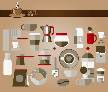 Coffee elements flat icons set in web design layout template.のイラスト素材