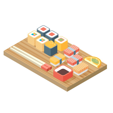 Sushi, Japanese cuisine. Asia food icon set with sushi rolls sashimi. Isolated vector illustration flat design.のイラスト素材