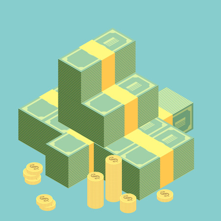 Big stacked pile of cash. Hundreds of dollars. Flat style isometric illustration. EPS 10 vector.のイラスト素材