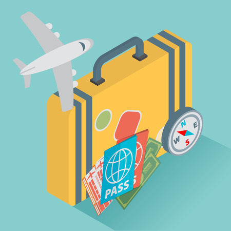 isometric travel with airplane illustration design concept background. eps10 vectorのイラスト素材