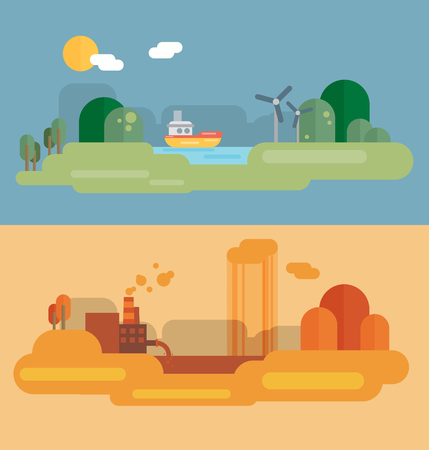 Flat design concept illustration with icons of ecology, environment, green energy and pollutionのイラスト素材