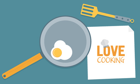 Fried egg on pan in kitchen conceptual vector illustrationのイラスト素材