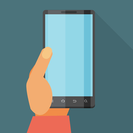 Hand holding Mobile phone. Flat icon whit long shadow. Vector illustrationのイラスト素材