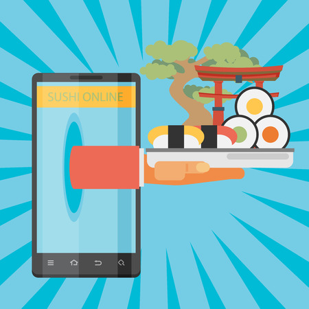 Sushi delivery by mobile applicationのイラスト素材