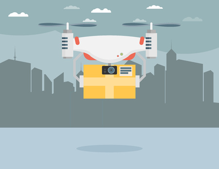 Remote air drone with a box in the city. Flat vectorのイラスト素材