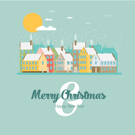 Christmas city greeting card - snowy street. Vector illustration.のイラスト素材