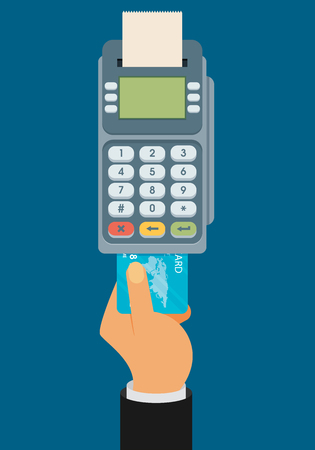 Hand pushing credit card into the pos terminal. Flat styleのイラスト素材
