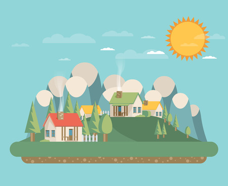 Houses. Flat style. Mountains and trees.のイラスト素材