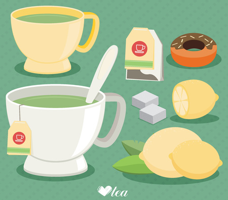 Flat vector tea set. Cup of tea, lemon, sugar, leaf.のイラスト素材
