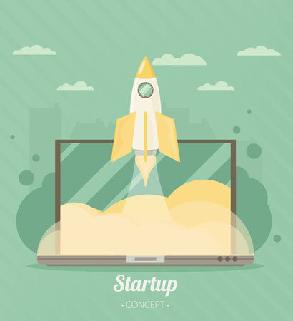 Flat concept background with rocket. Project start up - launch. Vector illustration.のイラスト素材