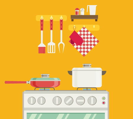 Interior of kitchen, pans on the stove, cooking. Vector illustration in flat styleのイラスト素材