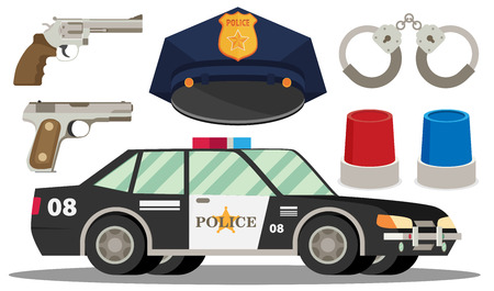 Police vector icon set- police hat,car,handcuffs, weapons and lightのイラスト素材