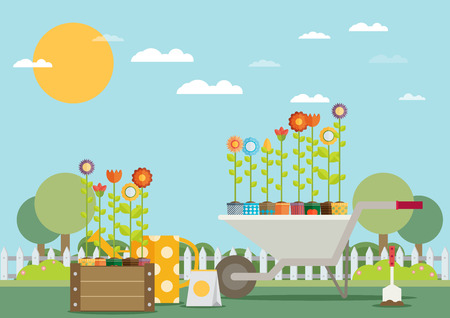 Spring Garden with Wheelbarrow, Watering Can and Flowers. Flat Design Style.のイラスト素材