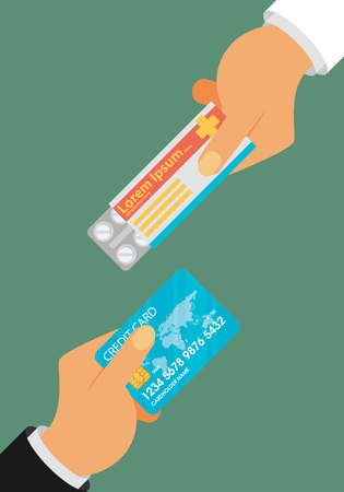 Buying medical pills in blister pack for money bills concept. Hand giving money for medicine. Flat designのイラスト素材