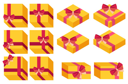 Flat style, isometric, wrapped gift or gift card with pink ribbon on white backgroundのイラスト素材