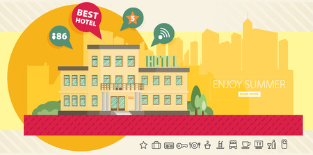 Hotel building in summer vacation, best choise. Flat vector.のイラスト素材