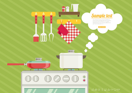 Interior of kitchen, pans on the stove, cooking. Vector illustration in flat styleのイラスト素材